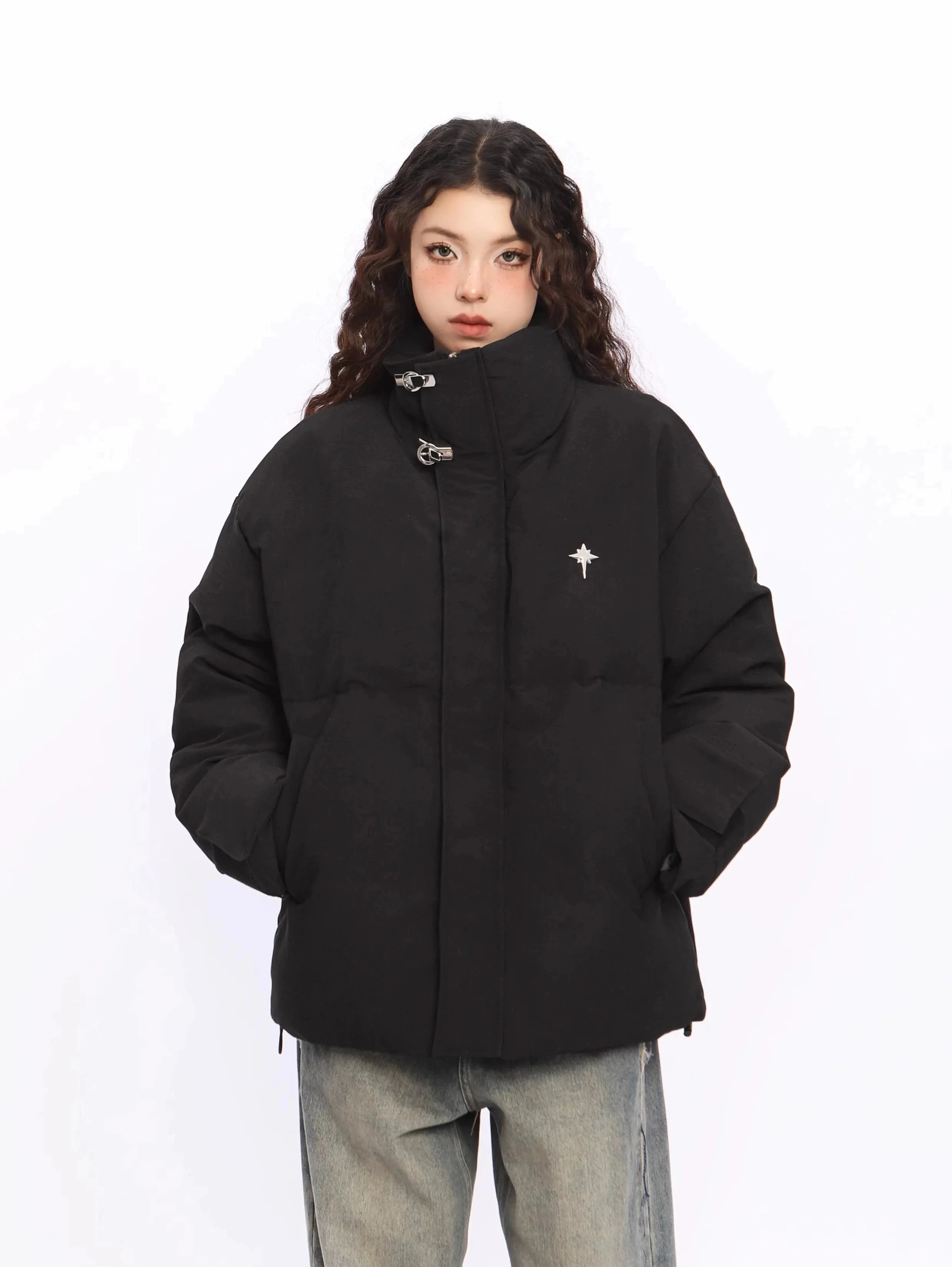 Puffer Jacket with High Collar Buckles Detail