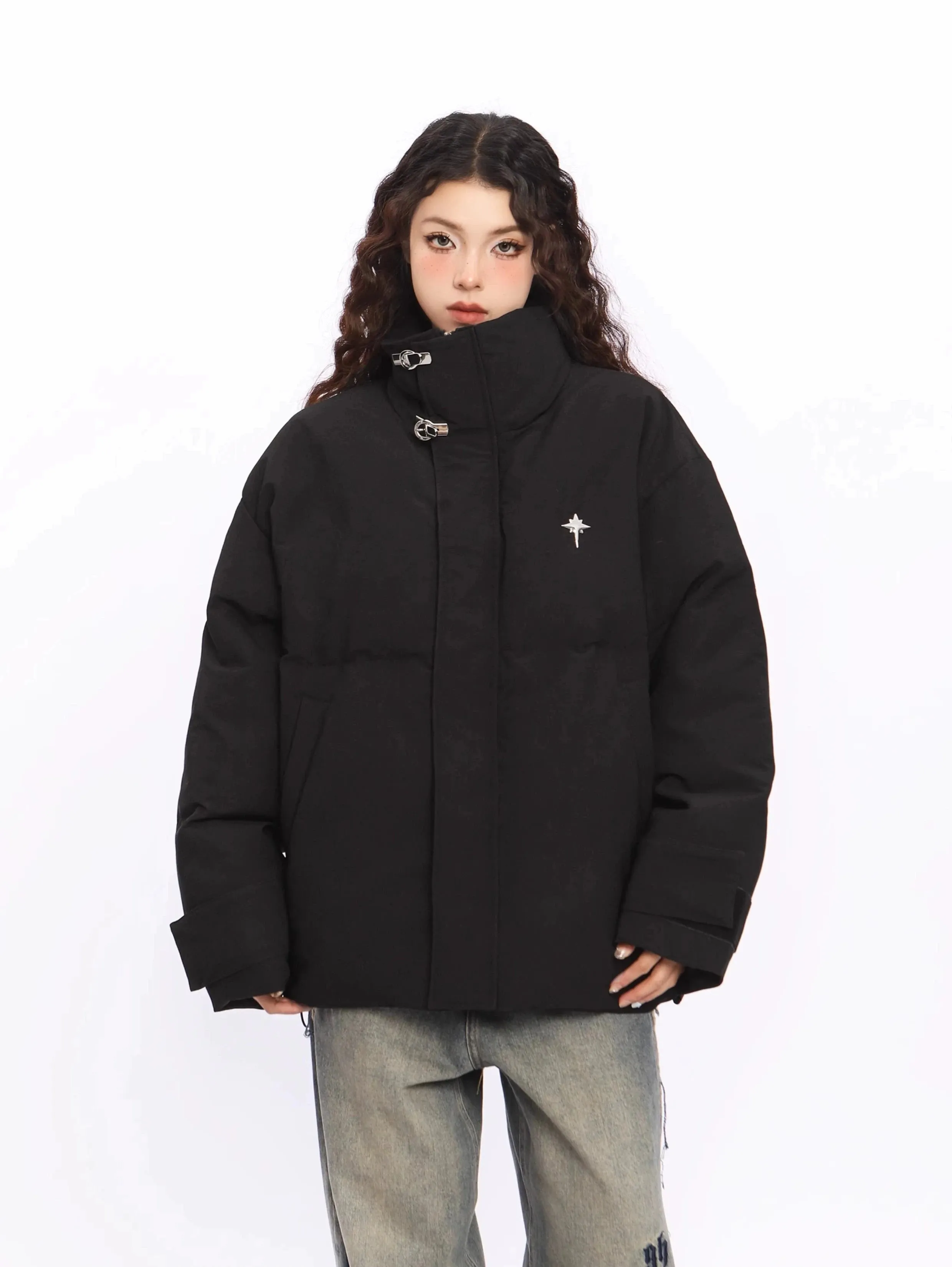 Puffer Jacket with High Collar Buckles Detail