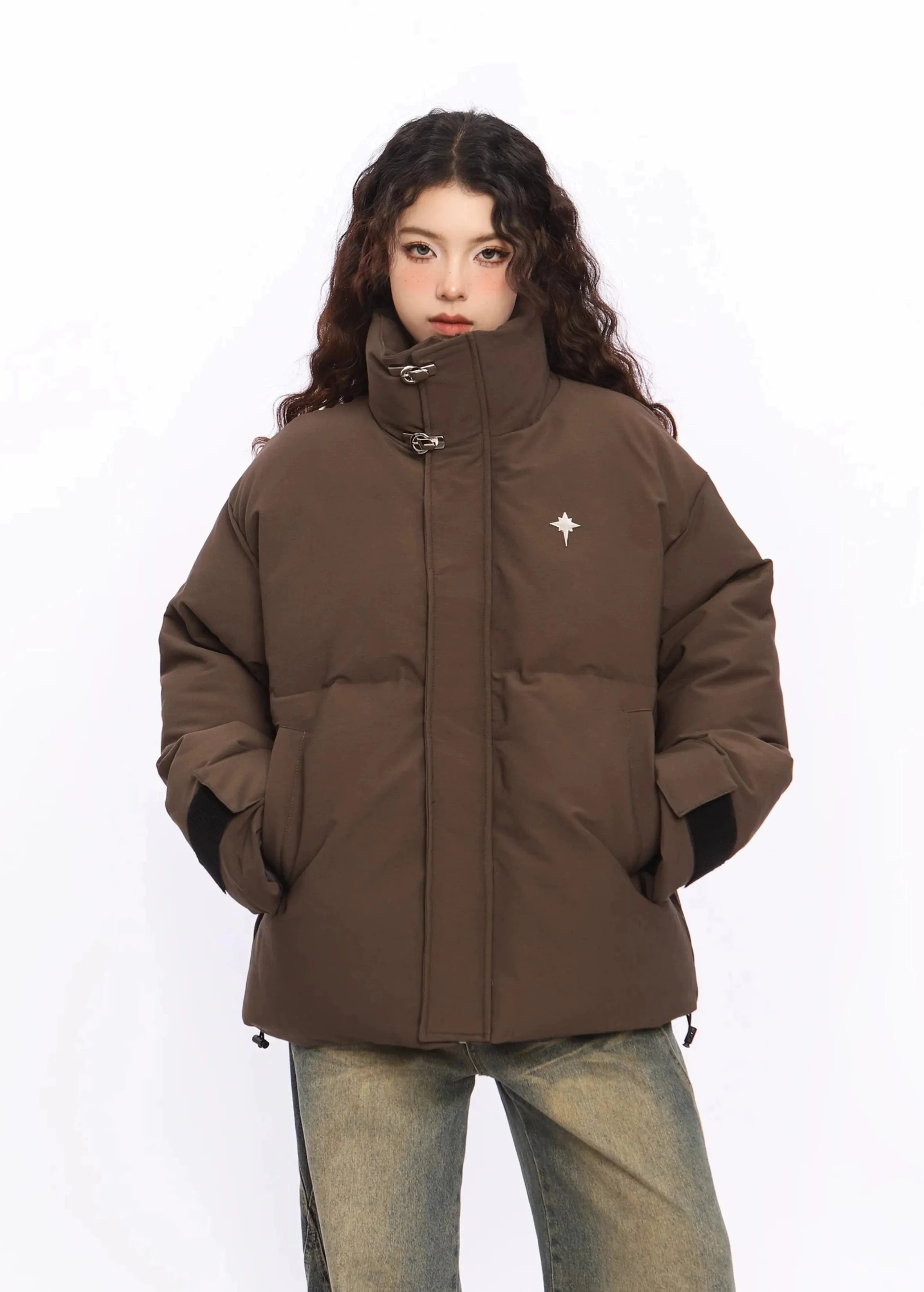 Puffer Jacket with High Collar Buckles Detail