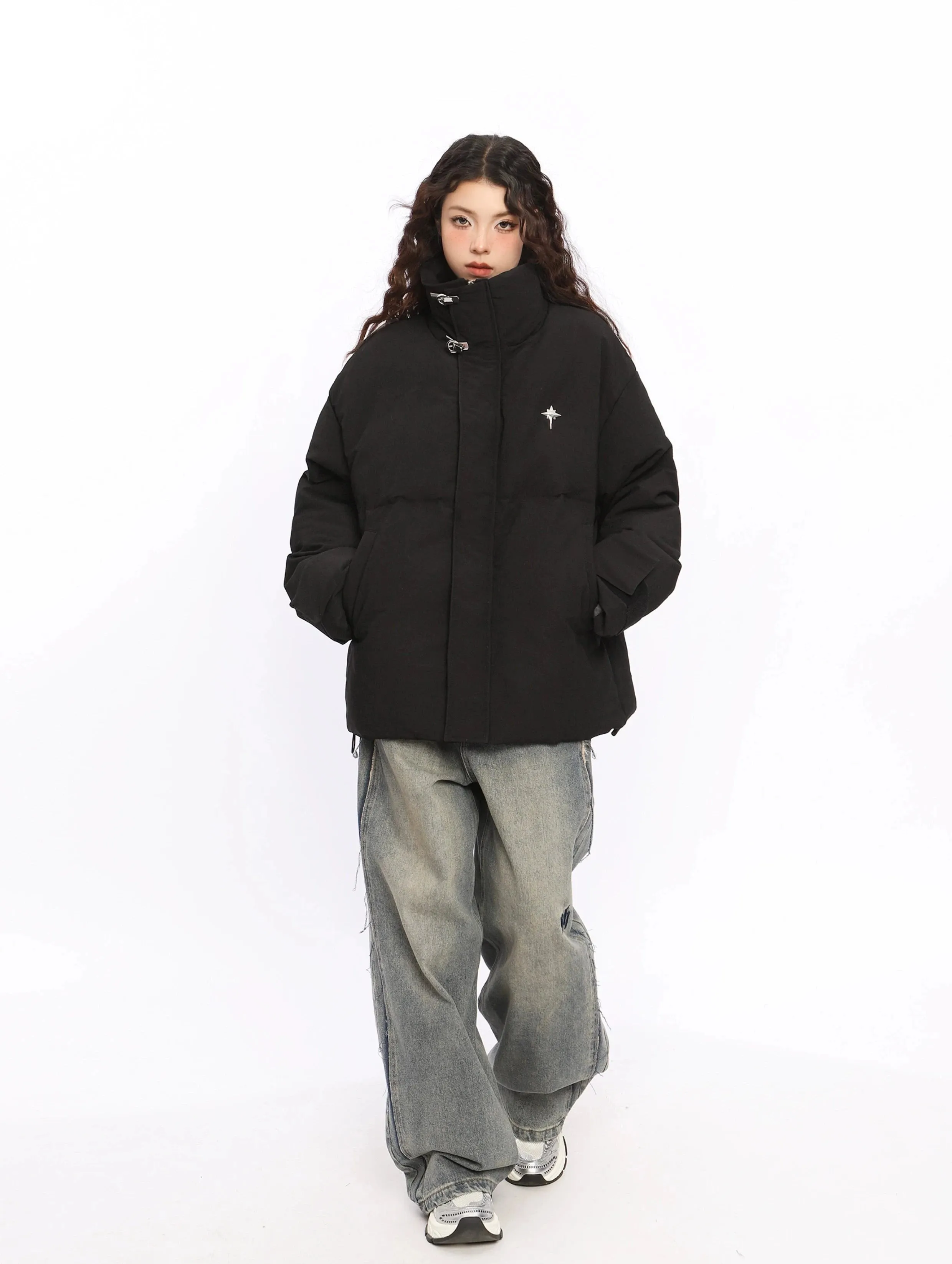 Puffer Jacket with High Collar Buckles Detail