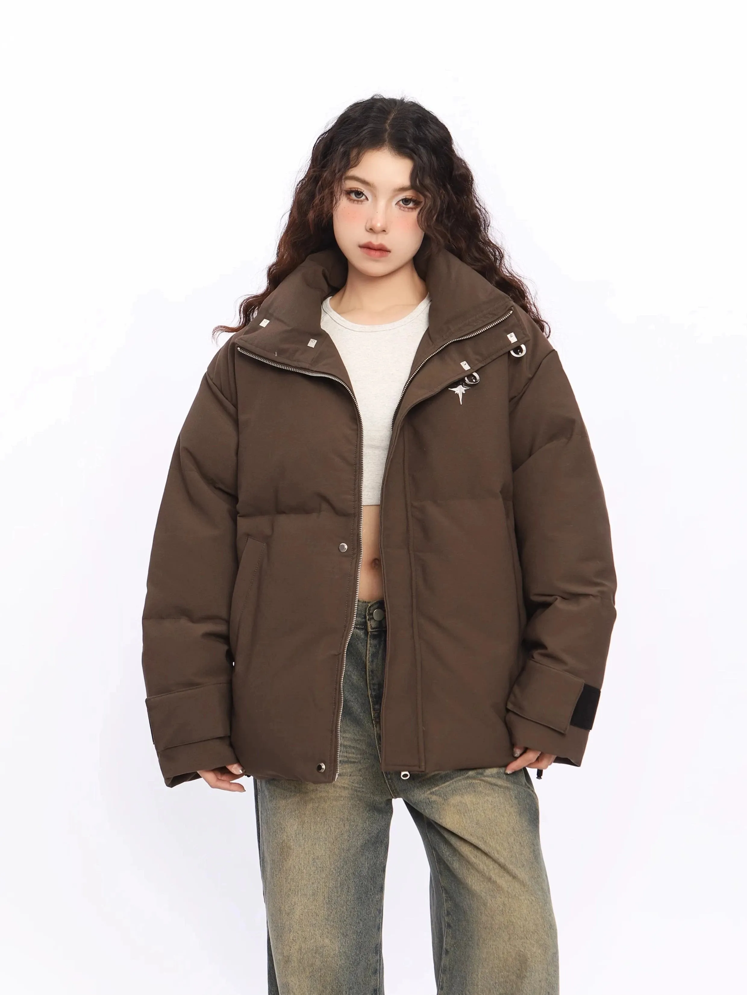 Puffer Jacket with High Collar Buckles Detail