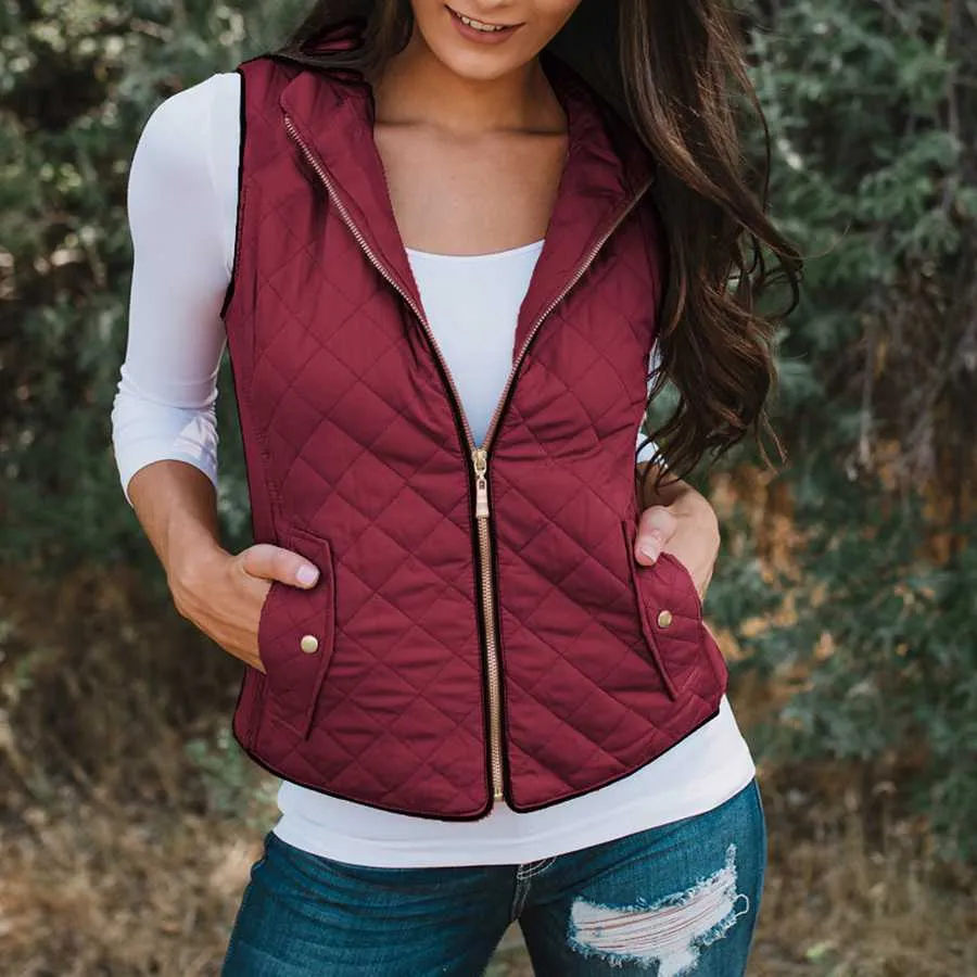 Quilted Cotton Zip Up Plaid Puffer Womens Vest