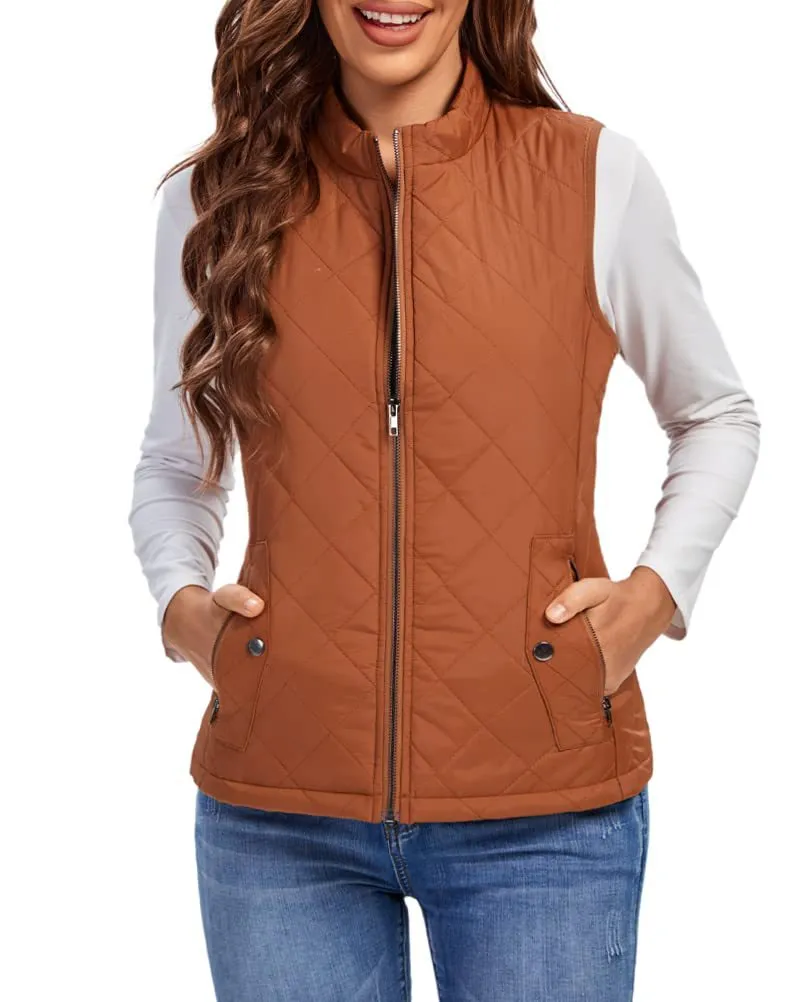 Quilted Cotton Zip Up Plaid Puffer Womens Vest