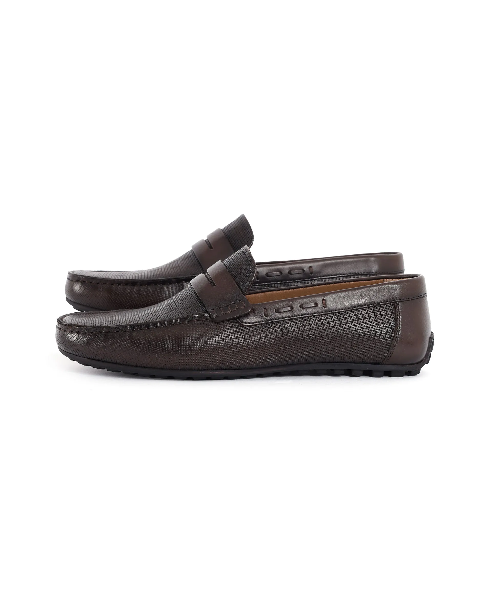 Rare Rabbit Men's Saffian Brown Slip-On Textured Genuine Leather Driver Moccasin