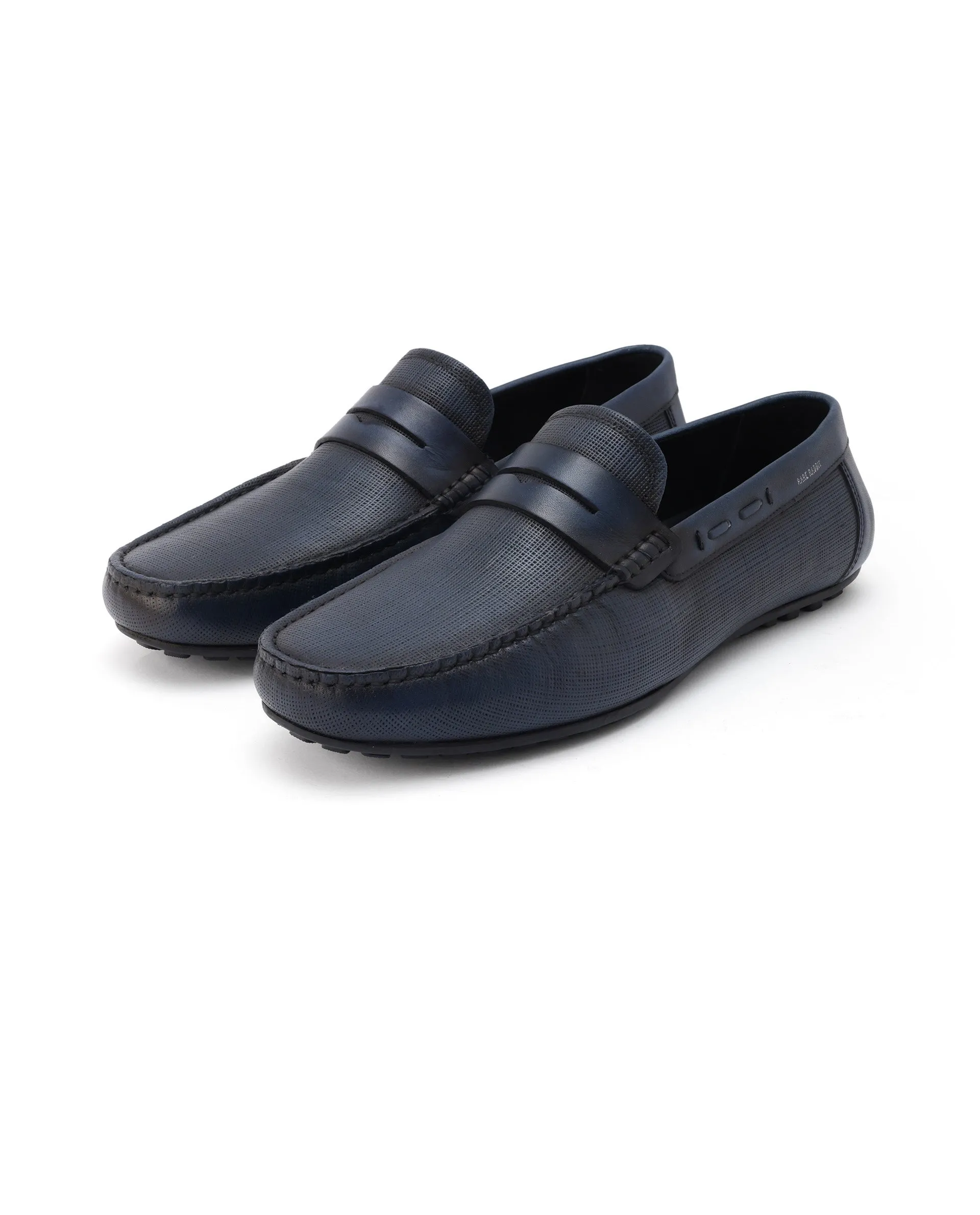 Rare Rabbit Men's Saffian Navy Slip-On Textured Genuine Leather Driver Moccasin