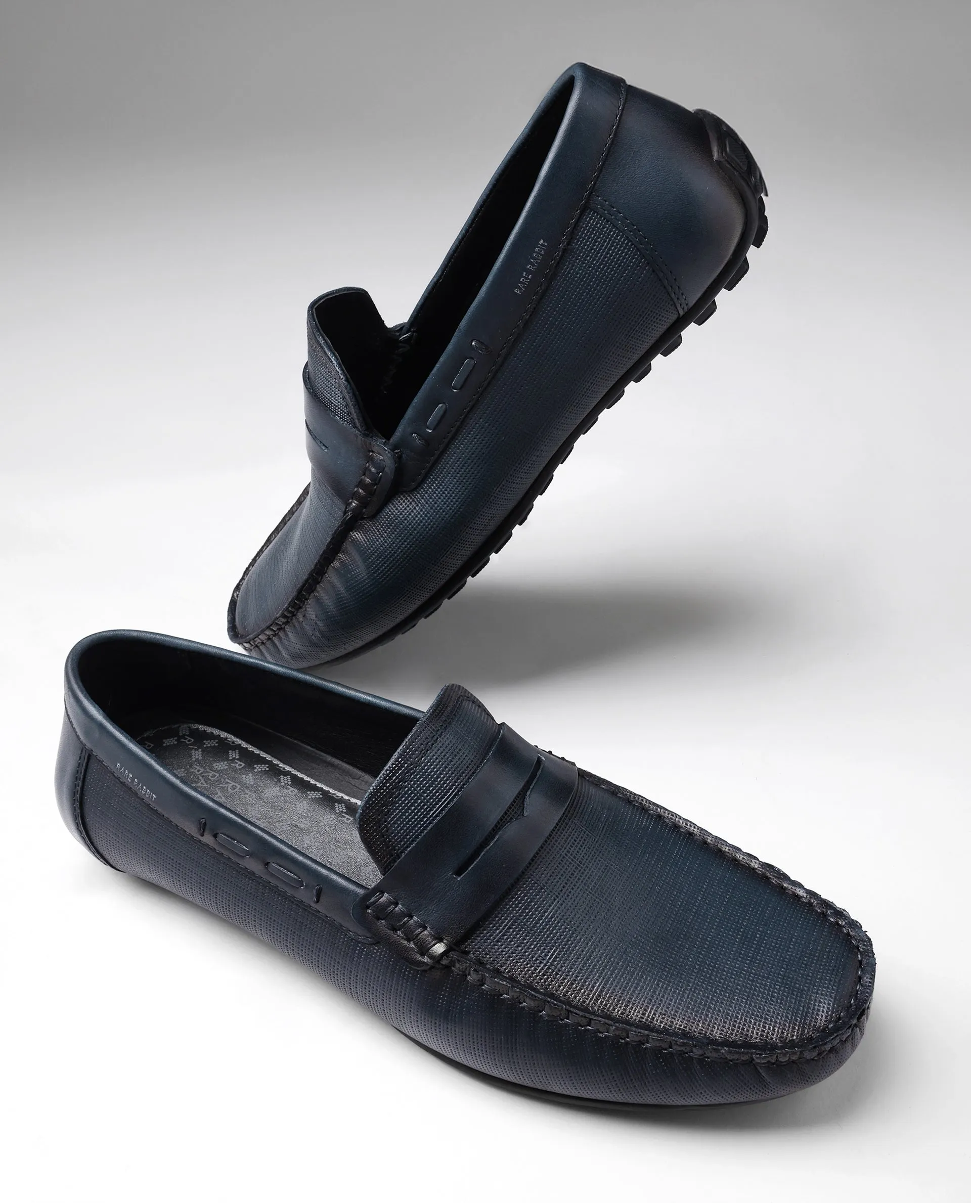 Rare Rabbit Men's Saffian Navy Slip-On Textured Genuine Leather Driver Moccasin