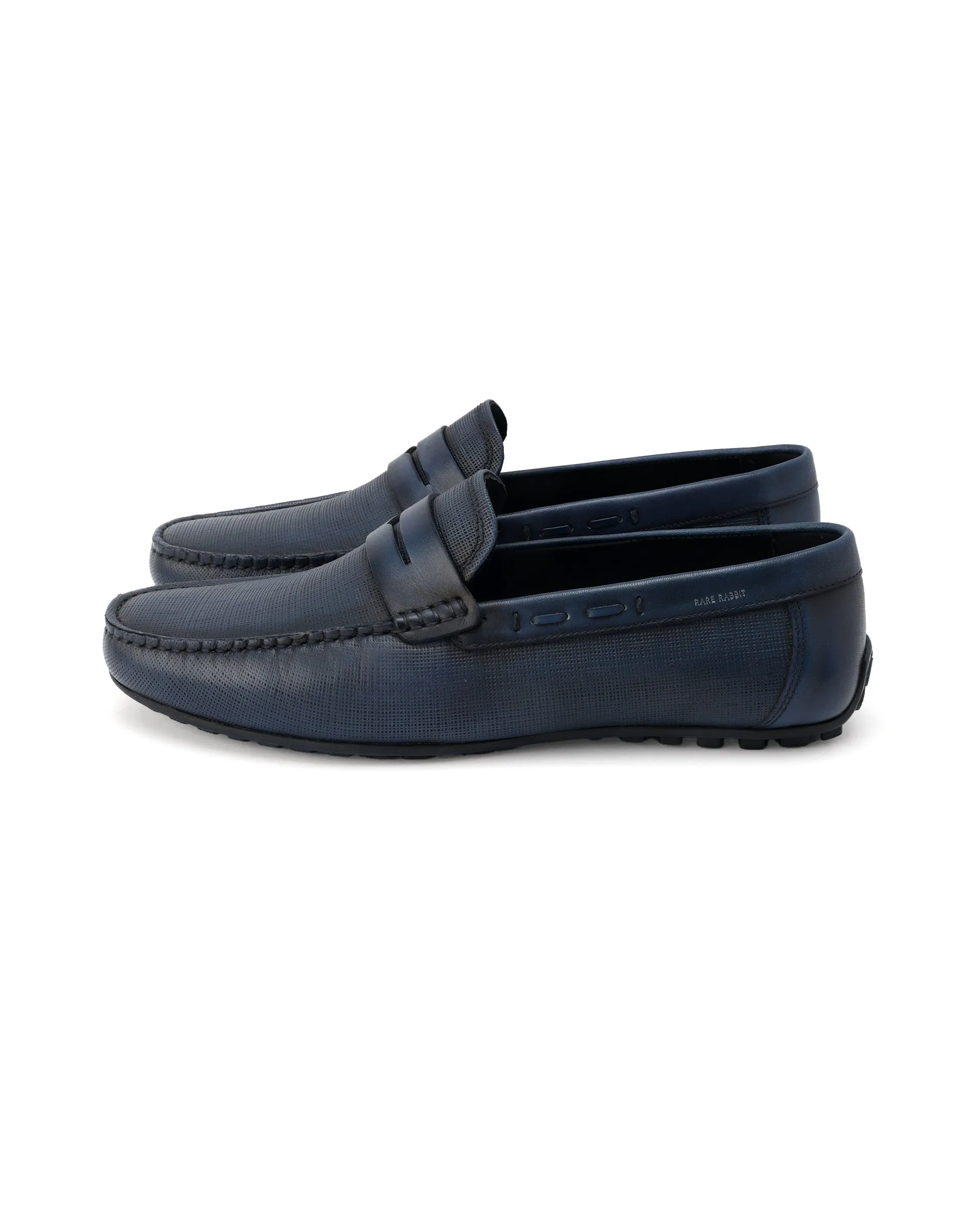 Rare Rabbit Men's Saffian Navy Slip-On Textured Genuine Leather Driver Moccasin