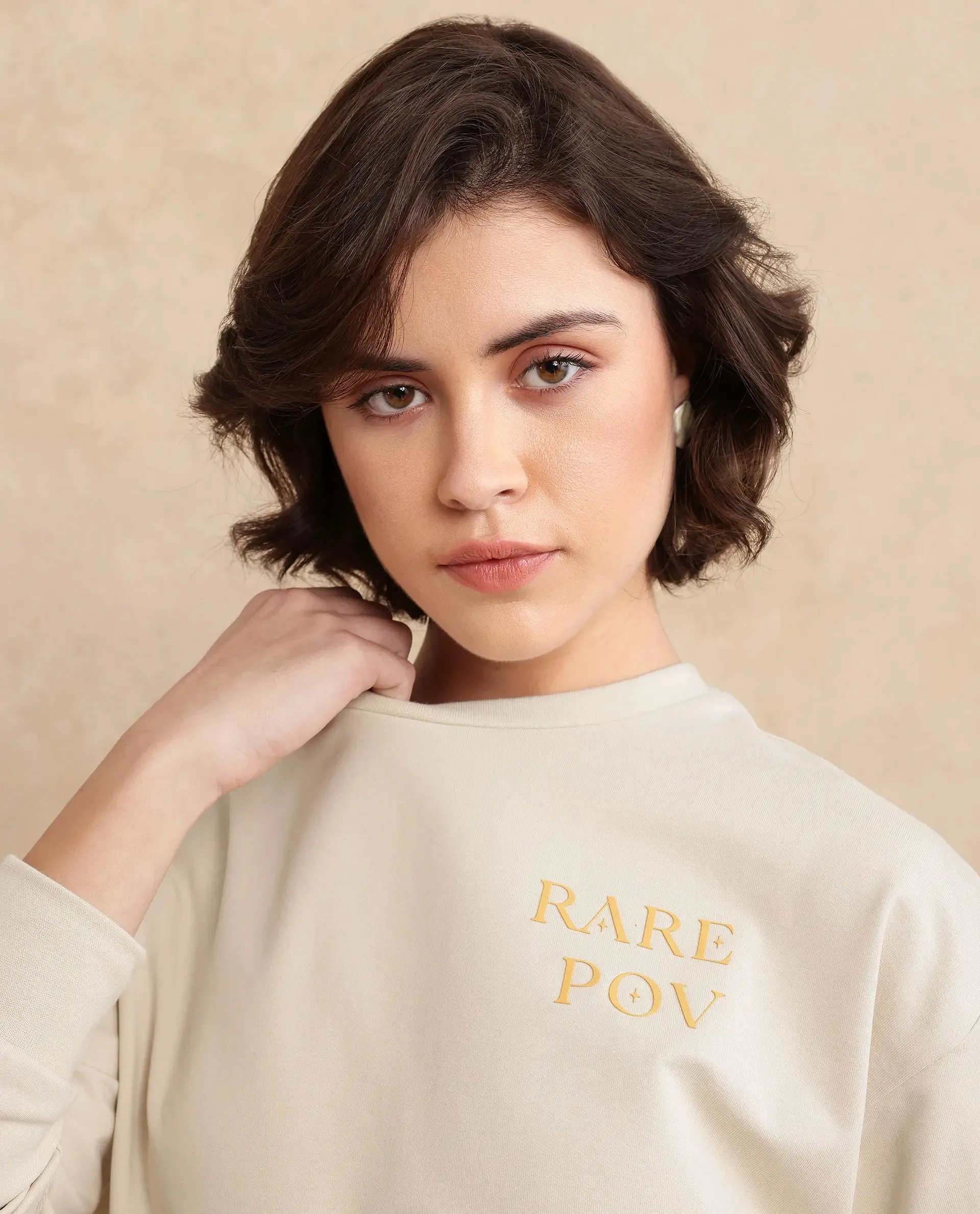 Rareism Women Onwa Beige Full Sleeve Crew Neck Plain Sweatshirt