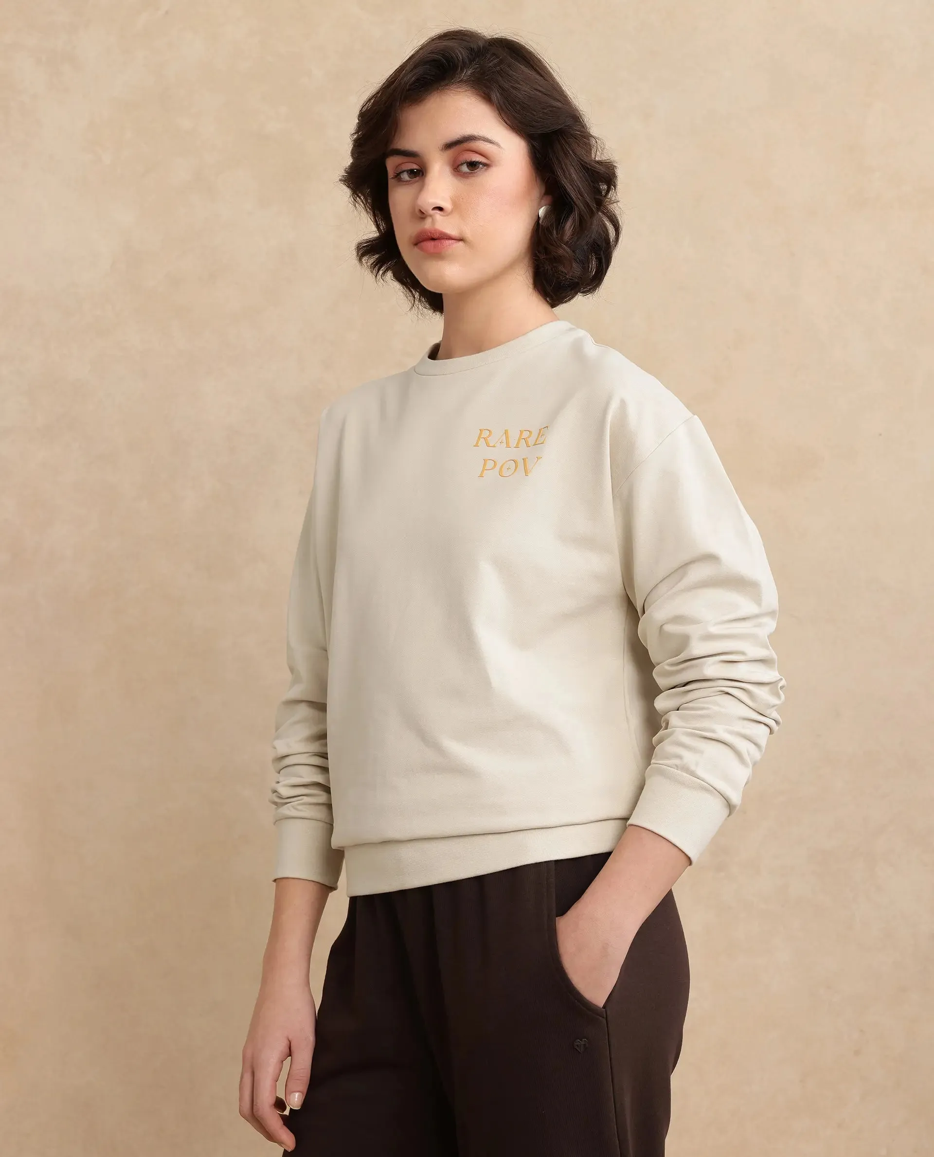 Rareism Women Onwa Beige Full Sleeve Crew Neck Plain Sweatshirt