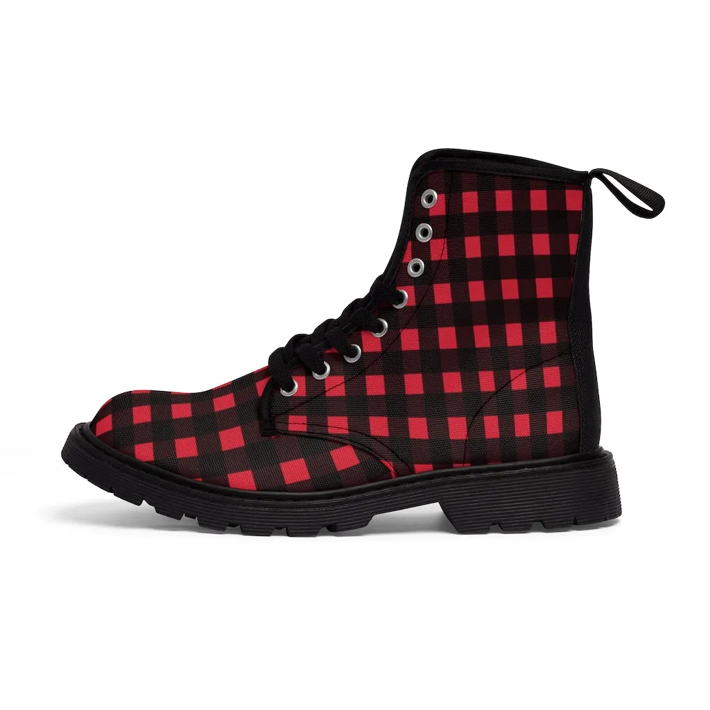 Red Buffalo Men's Boots, Best Plaid Flannel Print Hiking Winter Laced Up Shoes For Men