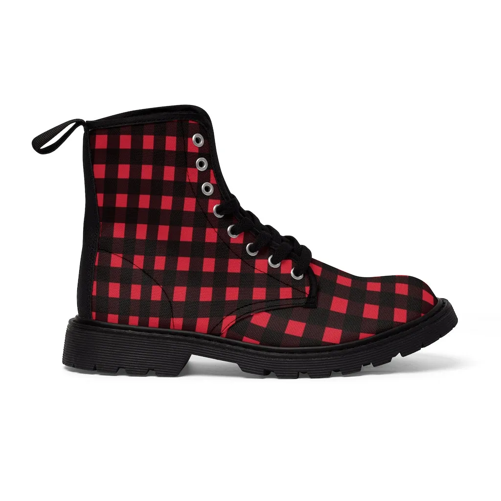 Red Buffalo Men's Boots, Best Plaid Flannel Print Hiking Winter Laced Up Shoes For Men