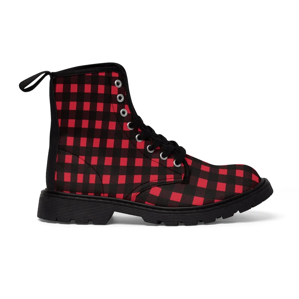 Red Buffalo Men's Boots, Best Plaid Flannel Print Hiking Winter Laced Up Shoes For Men