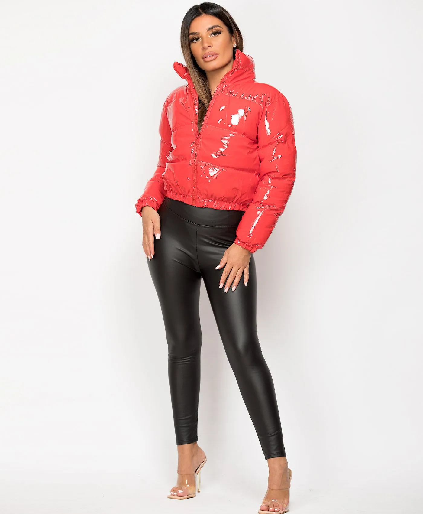 Red High Shine PU Vinyl Cropped Puffer Jacket