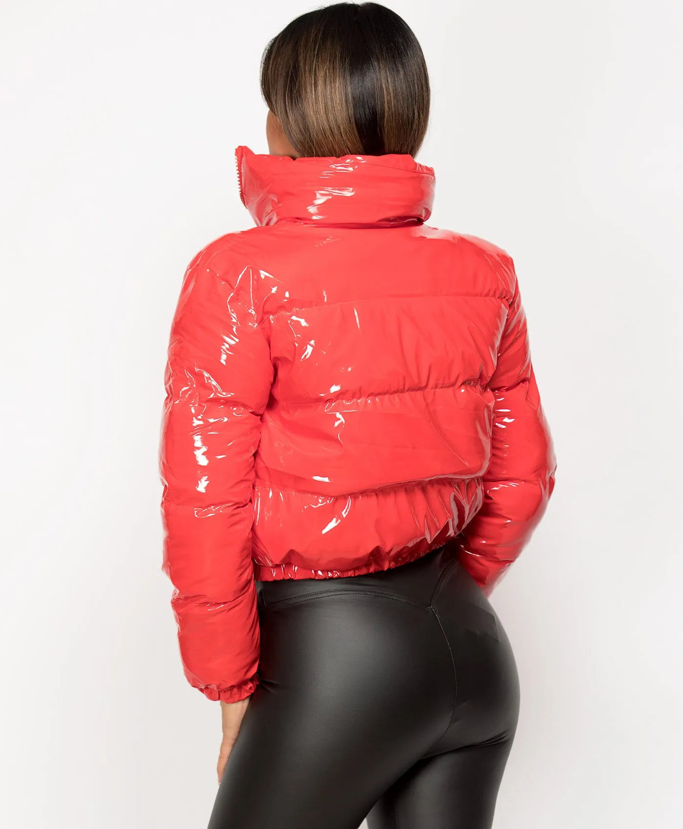 Red High Shine PU Vinyl Cropped Puffer Jacket