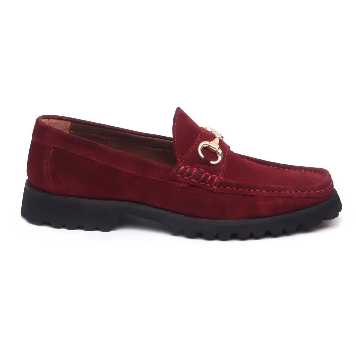 Red Suede Leather Chunky Sole Penny Loafers With Horse-bit Loafer