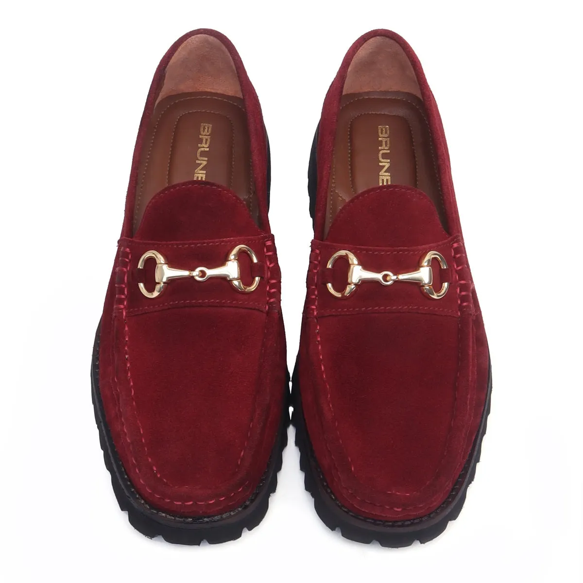 Red Suede Leather Chunky Sole Penny Loafers With Horse-bit Loafer