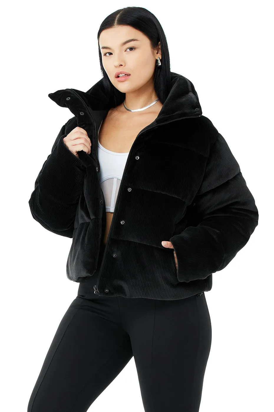 Ribbed Velour Gold Rush Puffer - Black