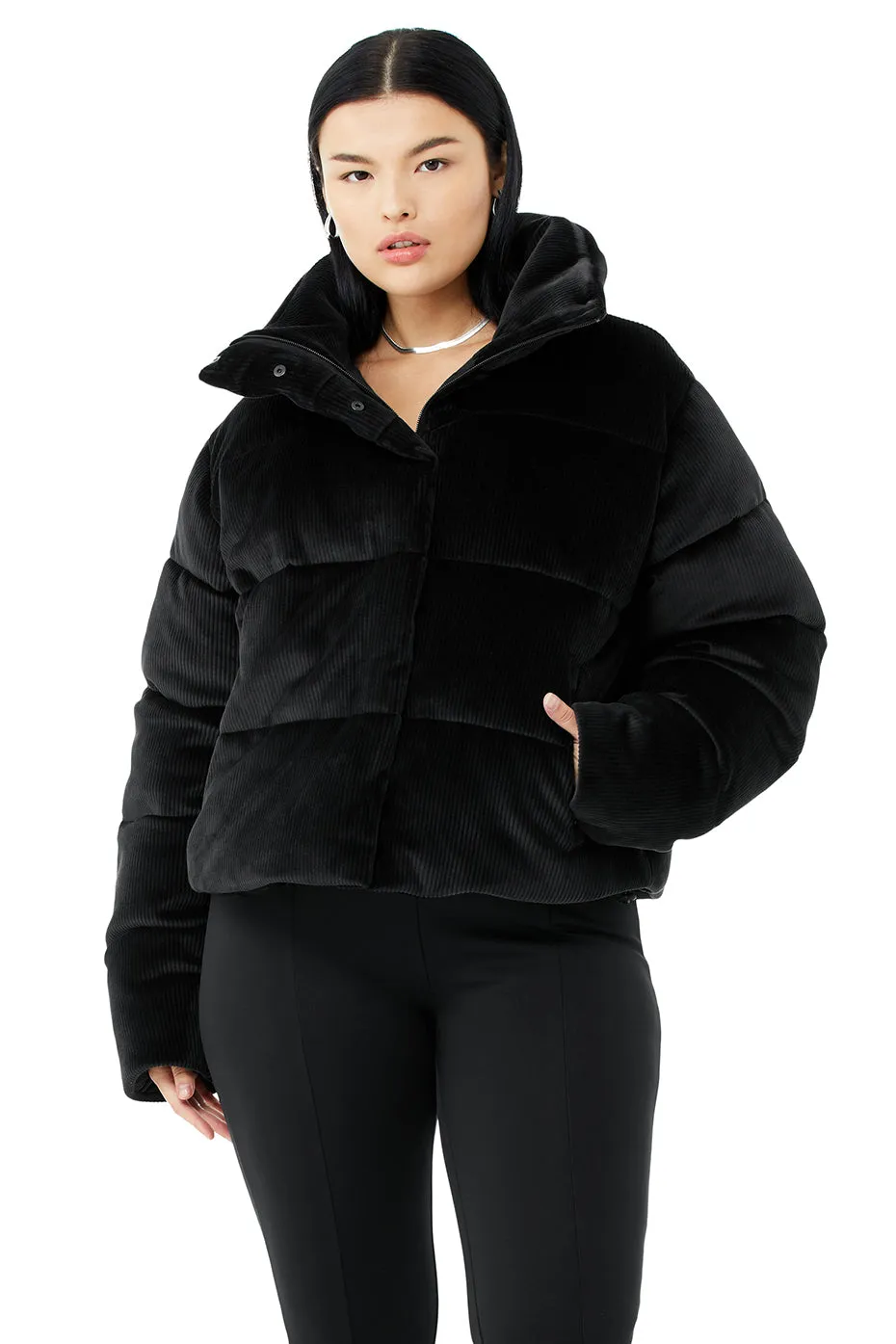 Ribbed Velour Gold Rush Puffer - Black