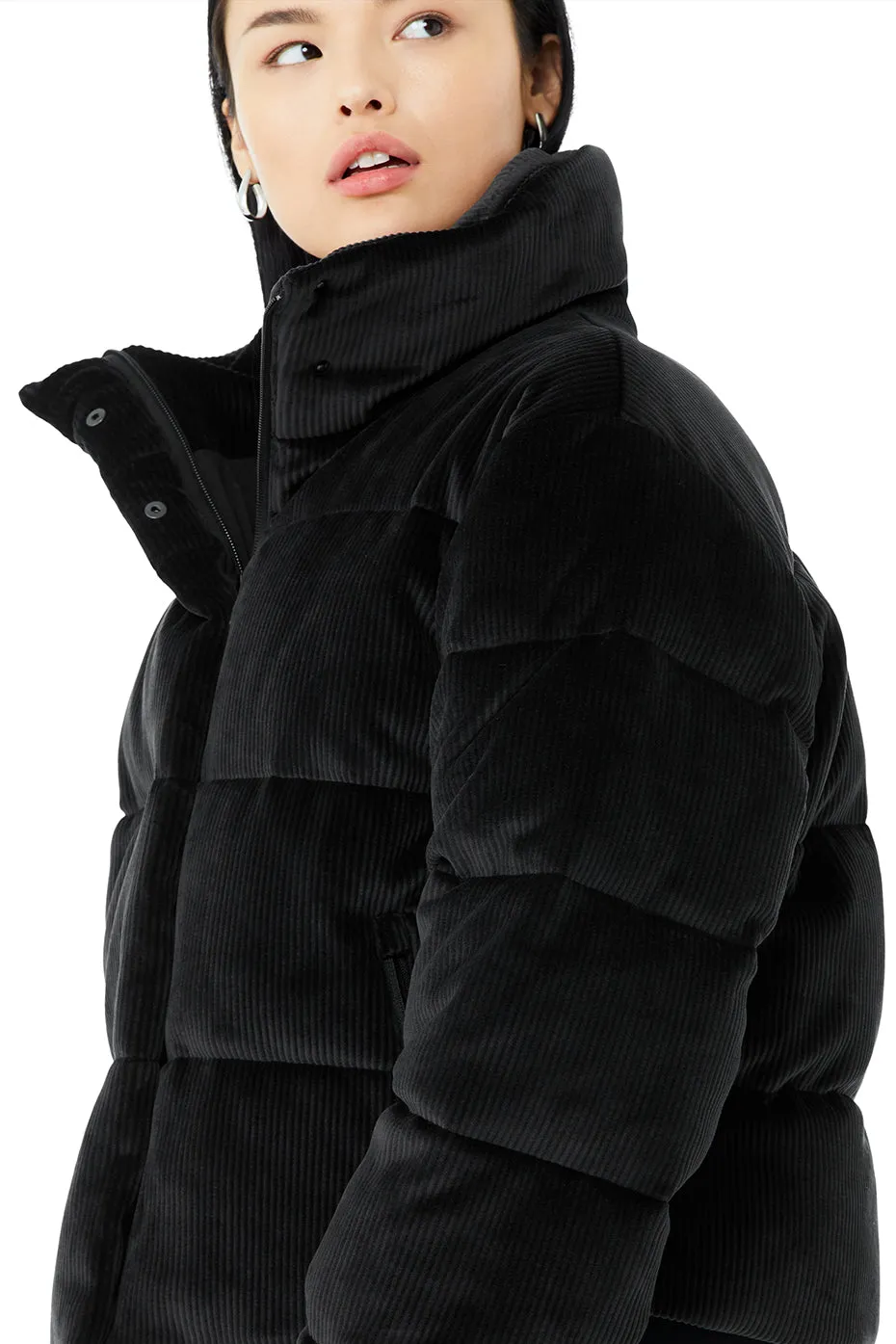 Ribbed Velour Gold Rush Puffer - Black