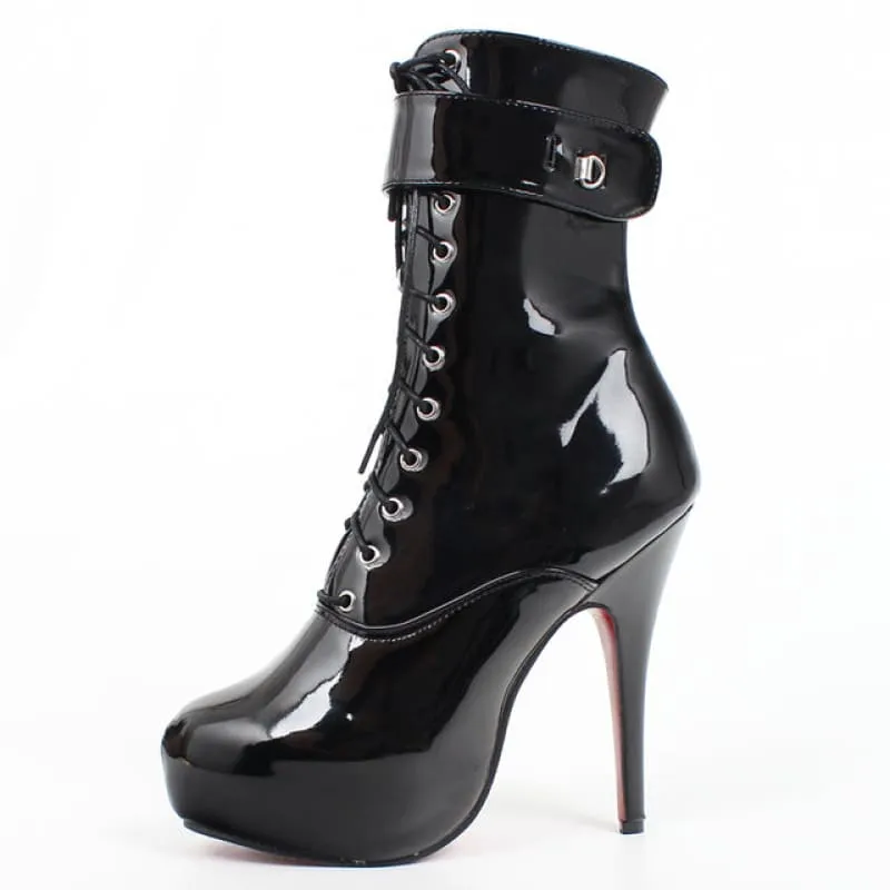 Shiny Black Patent Leather Platform Short Ankle Boots