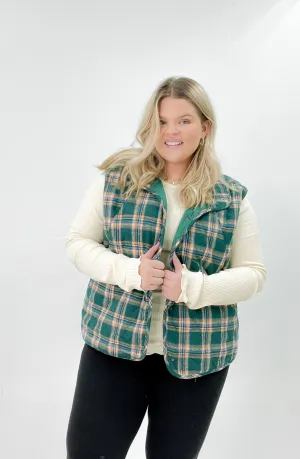 Snap Button Plaid Curvy Puffer Vest