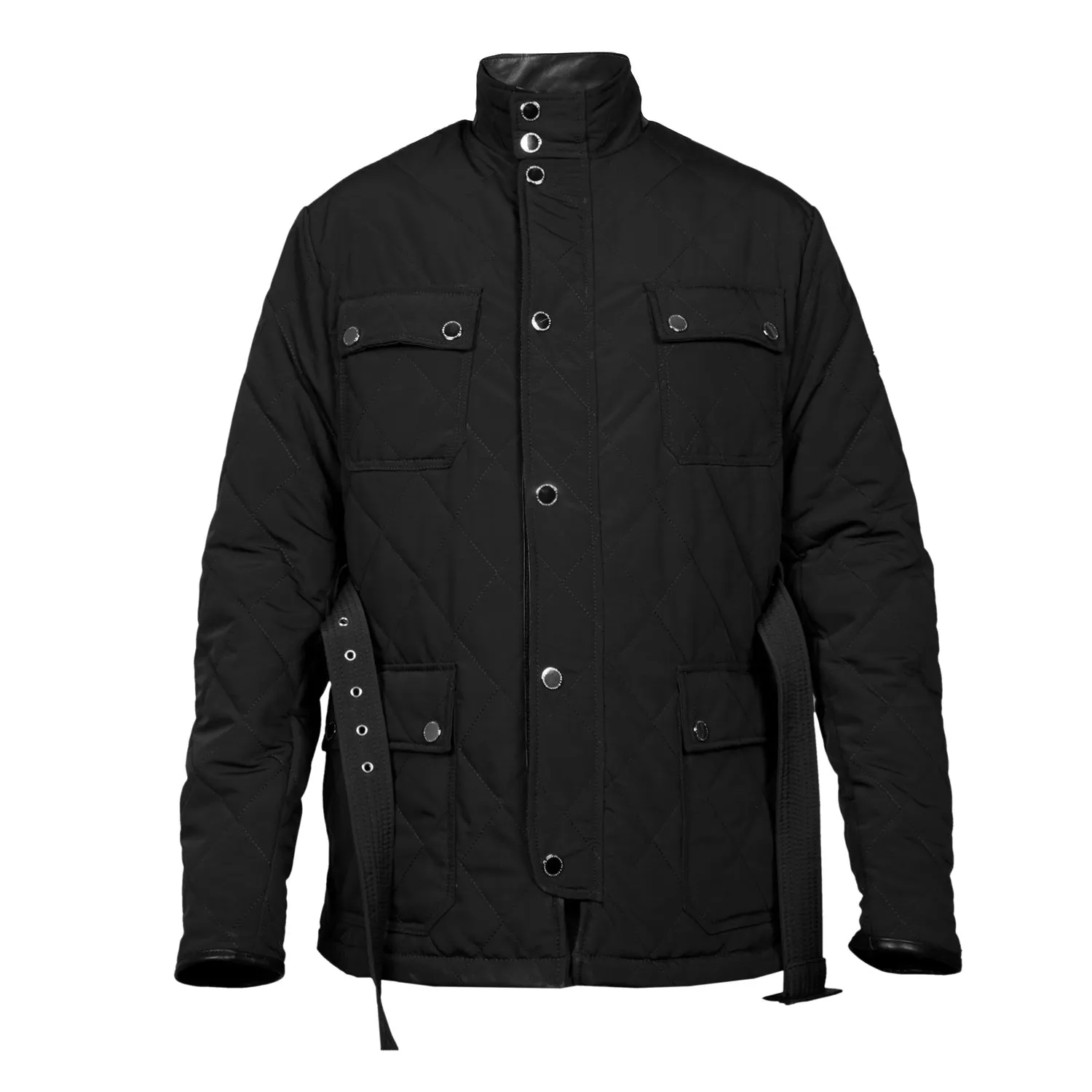 Standing Collar Black Puffer Jacket with Adjustable Waist Belt Zipper Snap Button By Brune & Bareskin