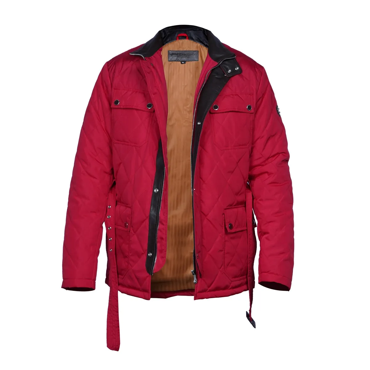 Standing Collar Red Puffer Jacket with Adjustable Waist Belt Zipper Snap Button