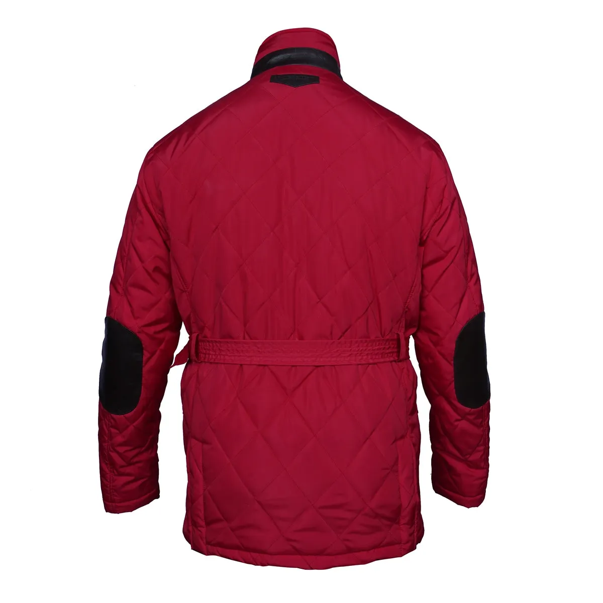 Standing Collar Red Puffer Jacket with Adjustable Waist Belt Zipper Snap Button