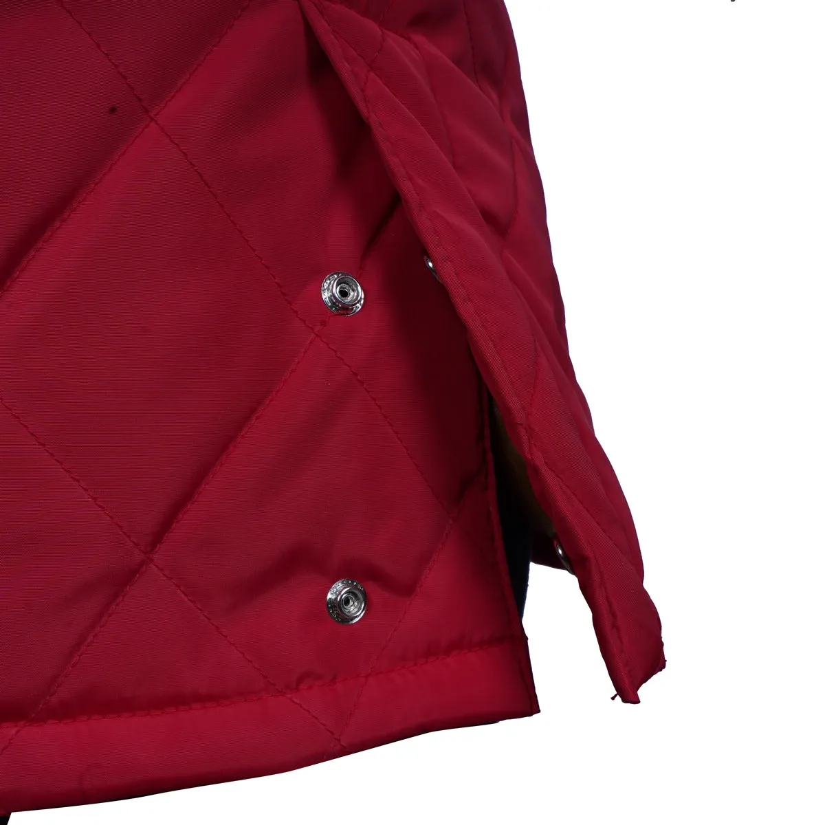 Standing Collar Red Puffer Jacket with Adjustable Waist Belt Zipper Snap Button