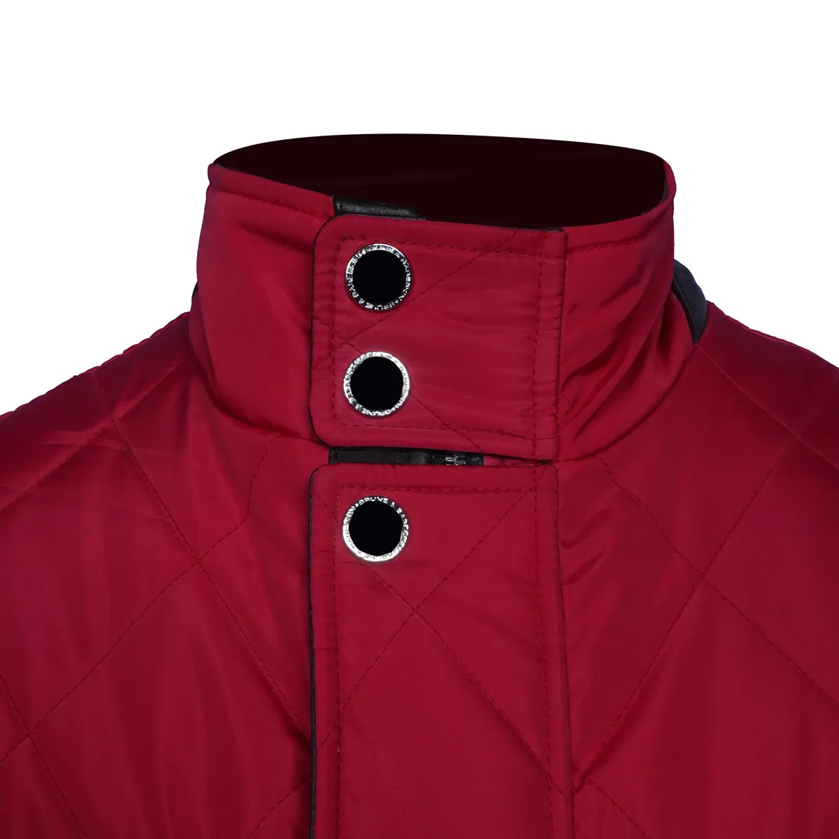 Standing Collar Red Puffer Jacket with Adjustable Waist Belt Zipper Snap Button