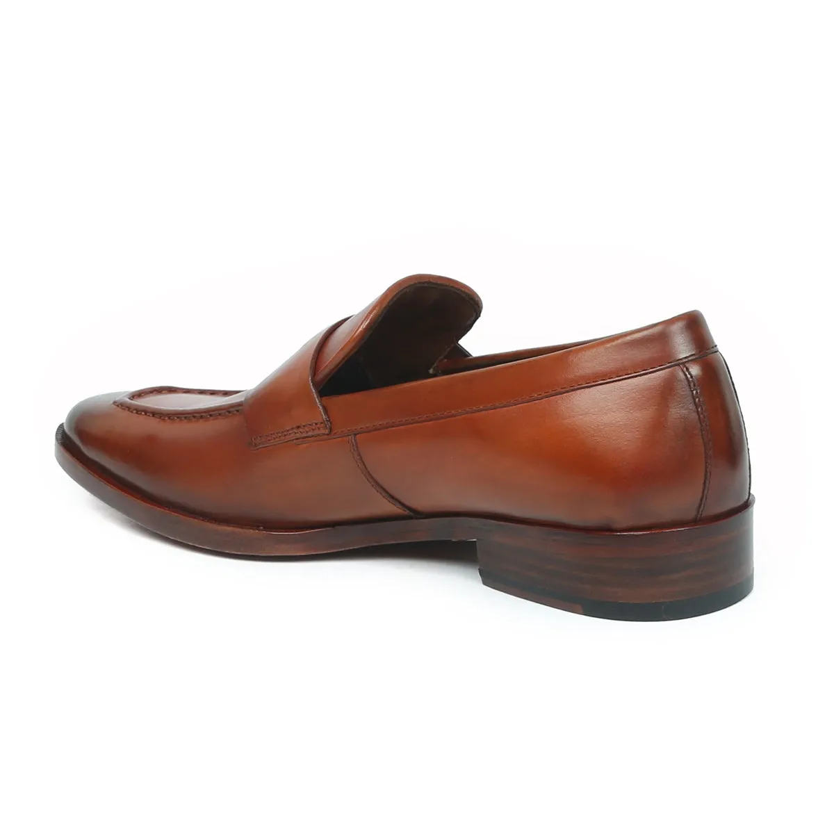 Tan Leather Penny Loafers with Triangular Cut-Strap