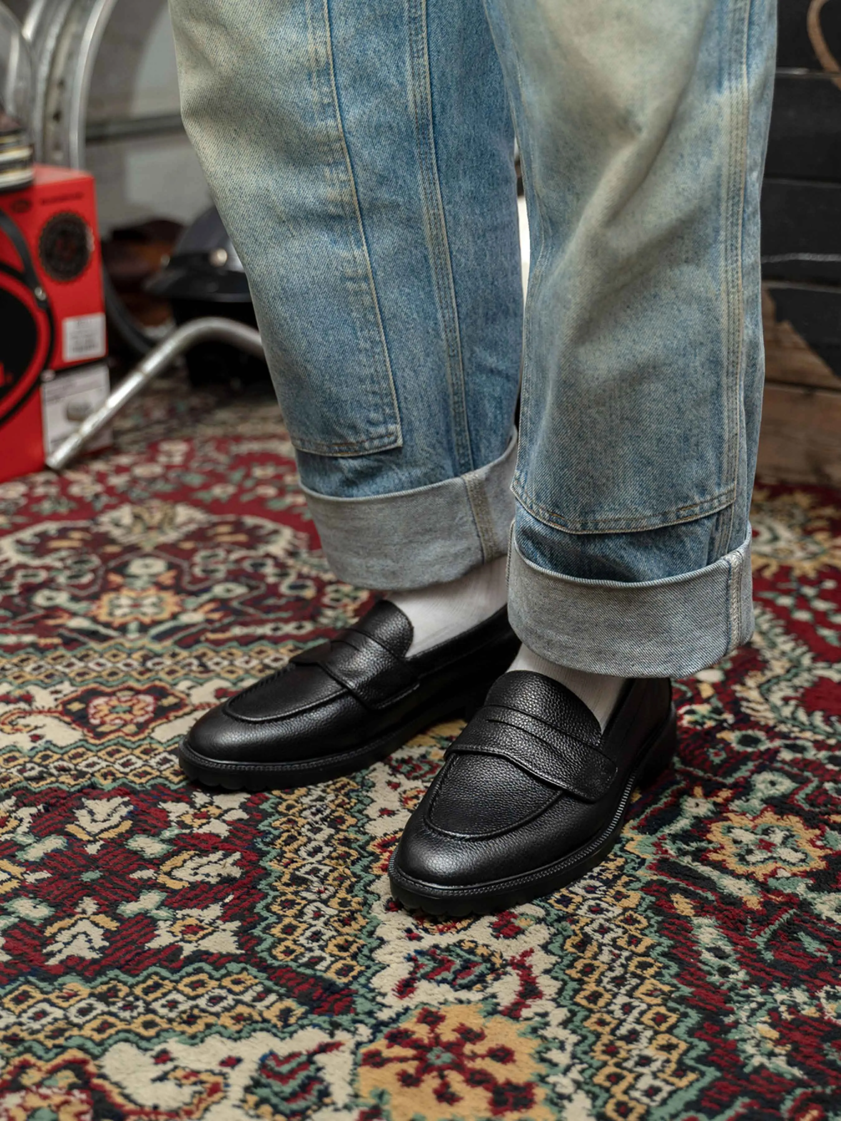 Wayne Penny Loafer - Black Pebble Grain Leather (Combat Sole)