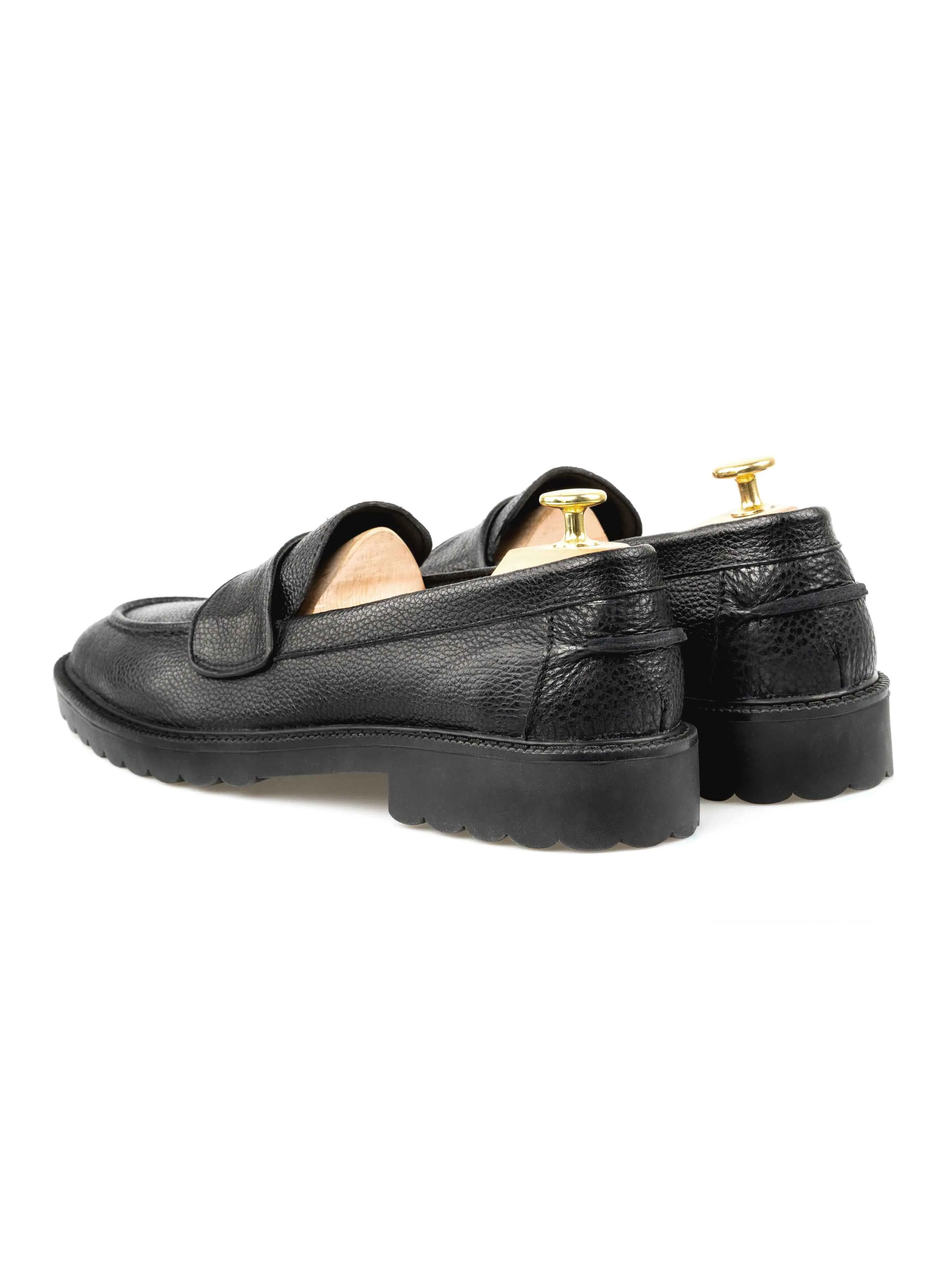 Wayne Penny Loafer - Black Pebble Grain Leather (Combat Sole)