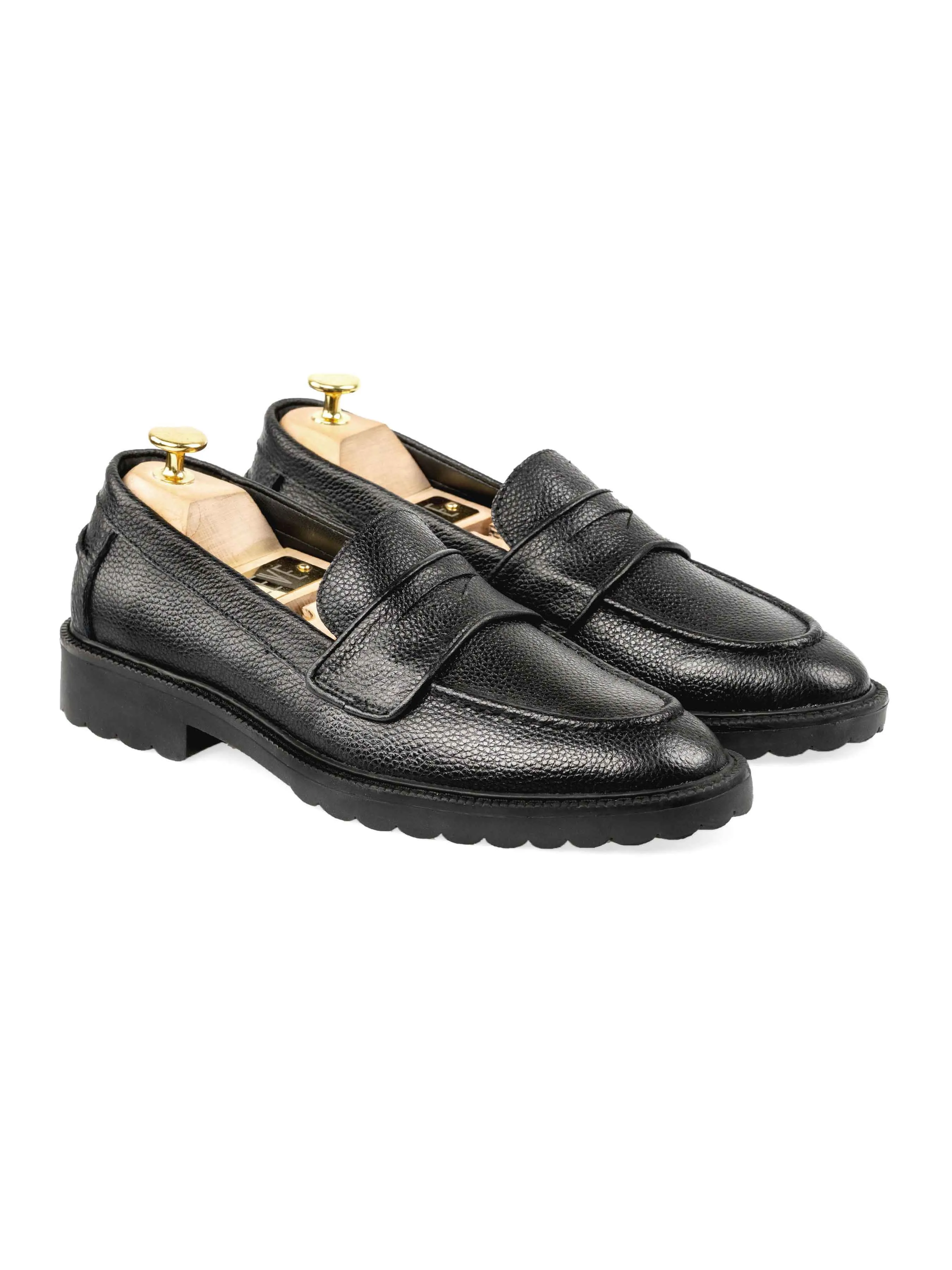 Wayne Penny Loafer - Black Pebble Grain Leather (Combat Sole)