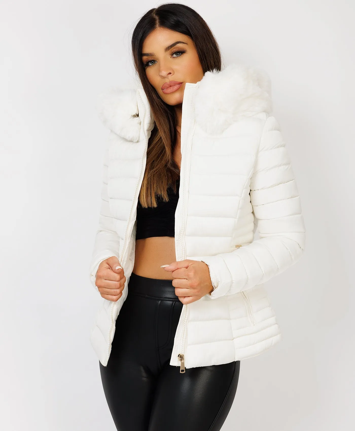 White Luxe Quilted Faux Fur Trim Hooded Belted Puffer Coat