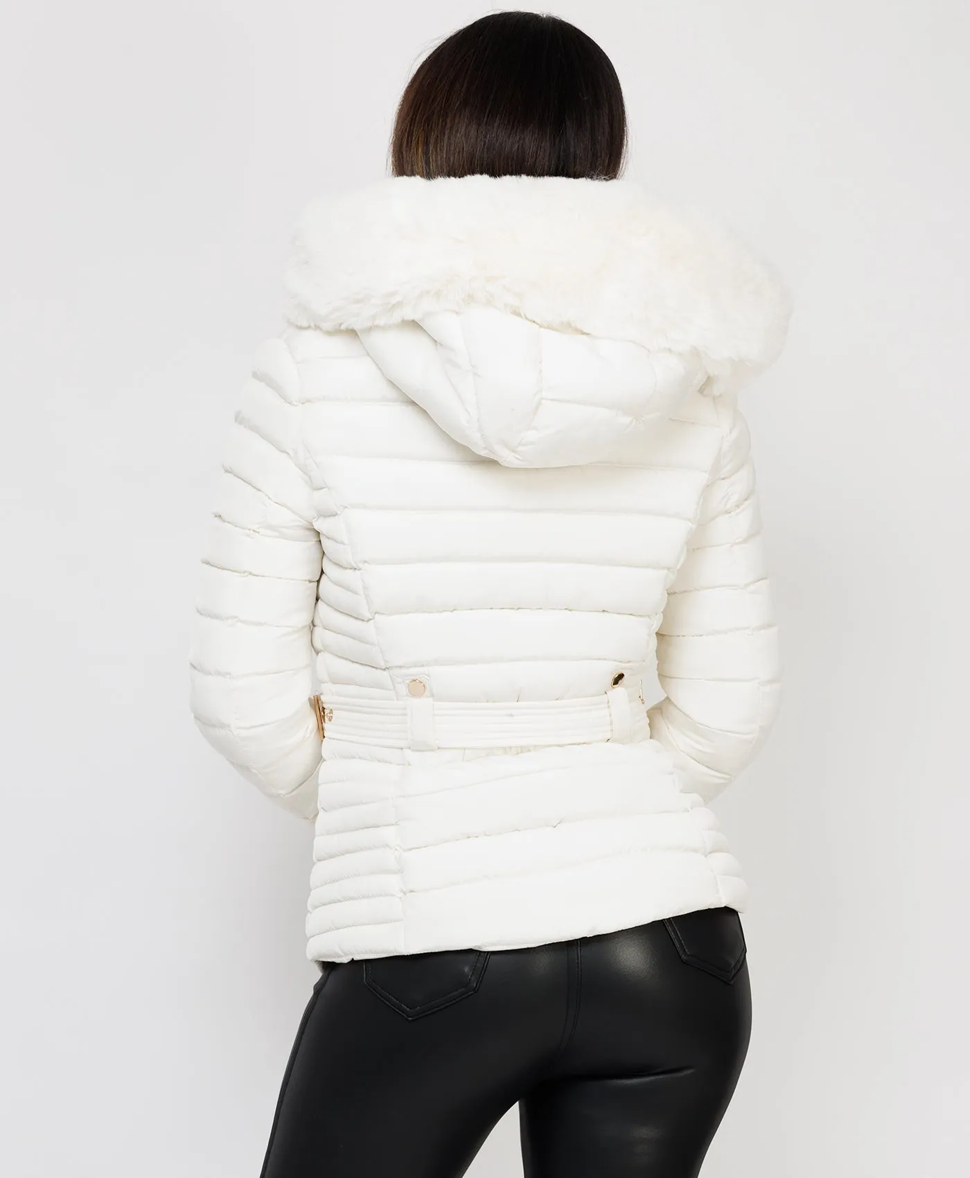 White Luxe Quilted Faux Fur Trim Hooded Belted Puffer Coat