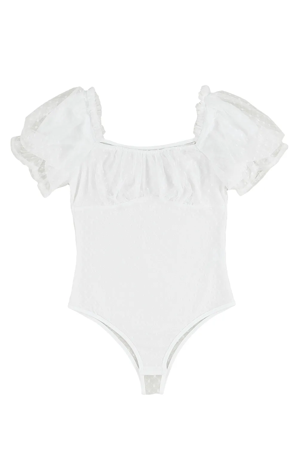 White Polka Dot Mesh See-through Ruffled Square Neck Bodysuit