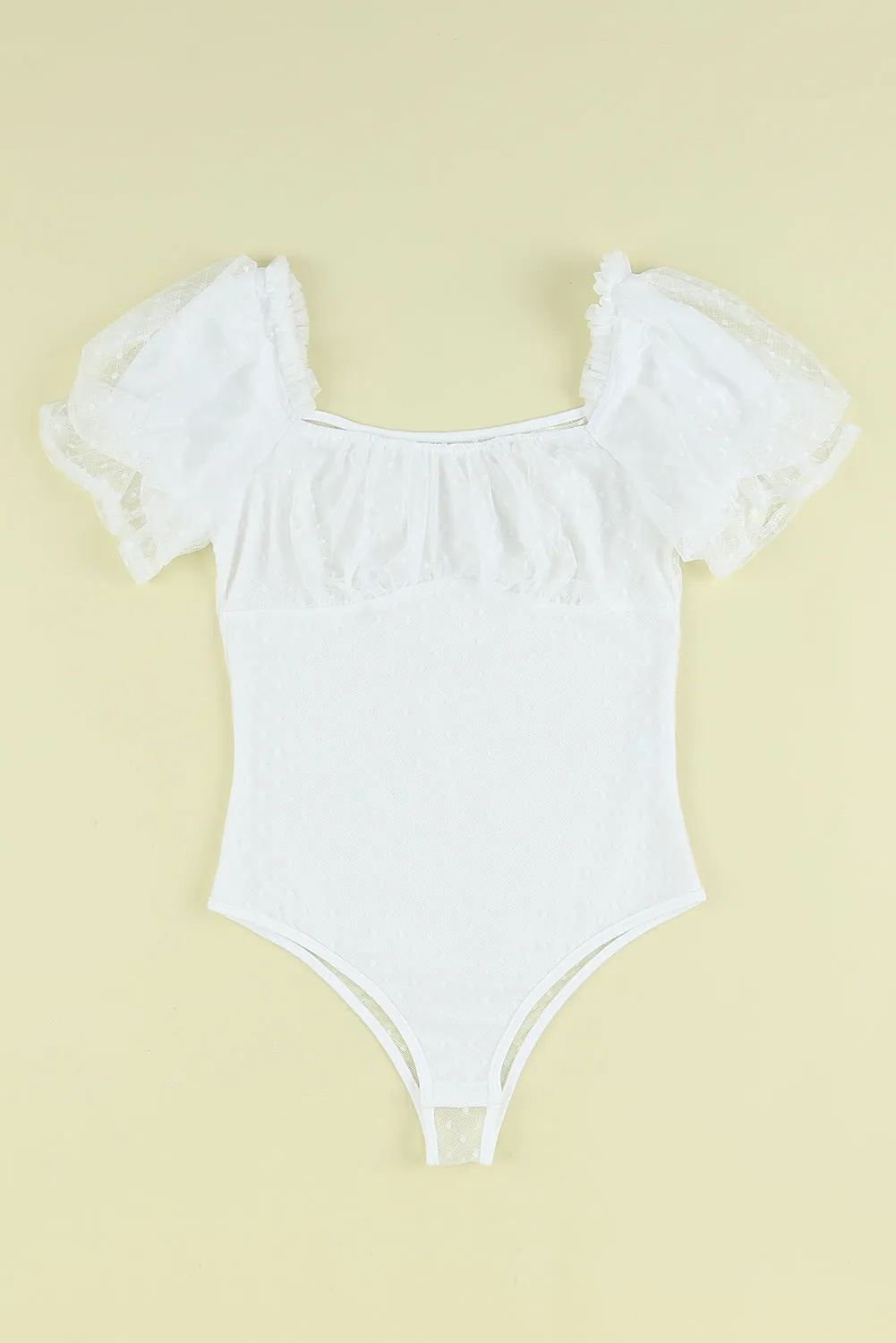 White Polka Dot Mesh See-through Ruffled Square Neck Bodysuit