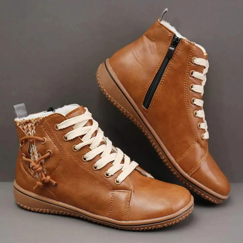 Women lace up side zipper short flat boots