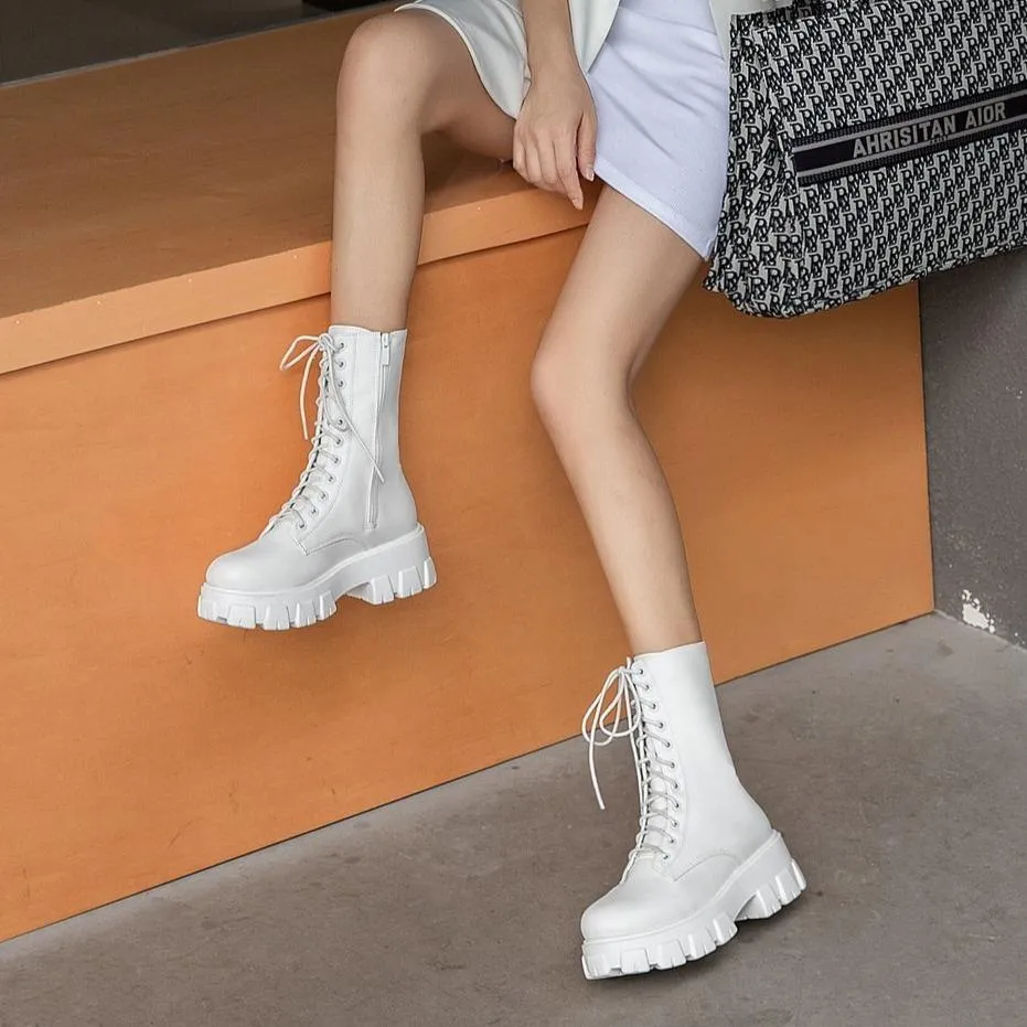 Women mid calf lace up chuny platform boots