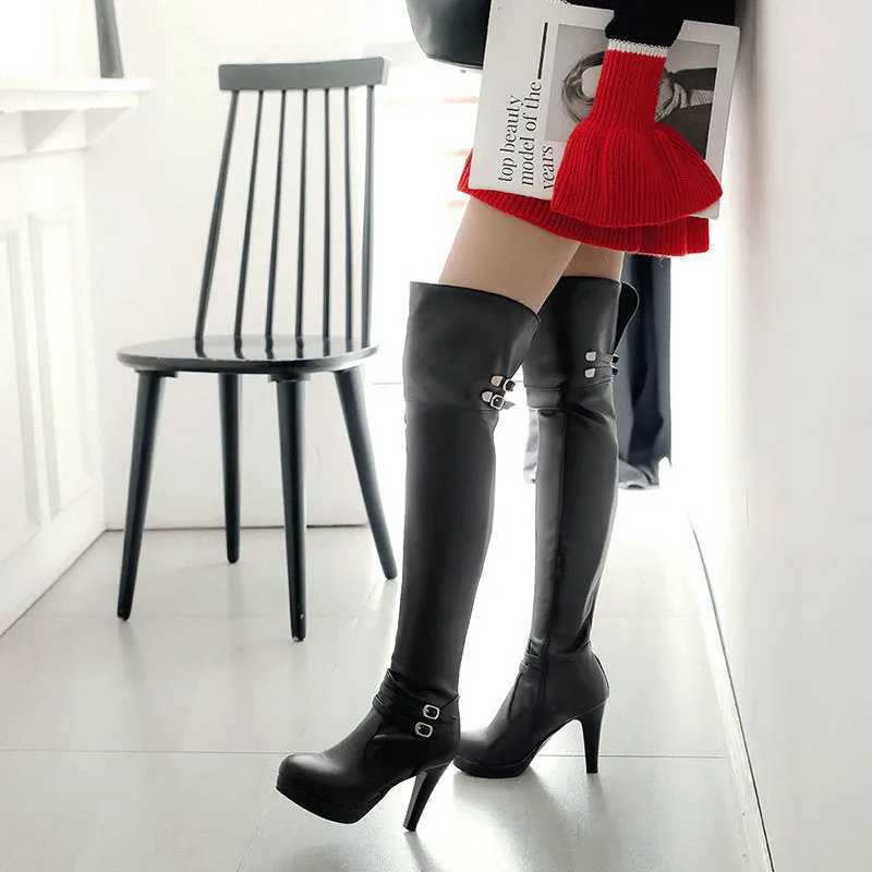 Women over the knee boots elastic slim fit chunky heel platform boots side zipper