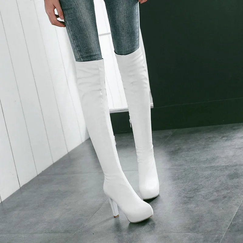 Women over the knee boots elastic slim fit chunky heel platform boots side zipper