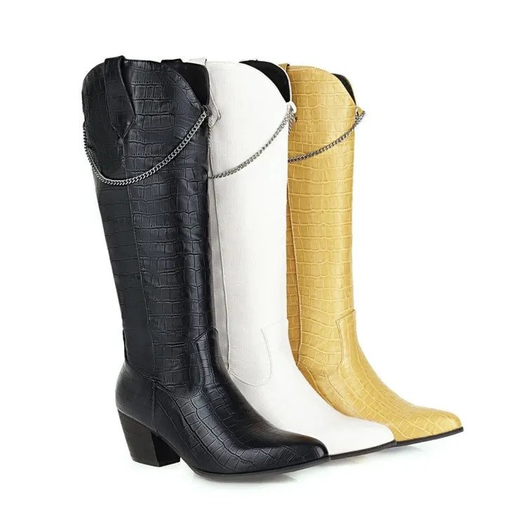 Women's Crocodile Pattern Pointed Toe Side Zippers Metal Chains Block Chunky Heel Mid-Calf Boots