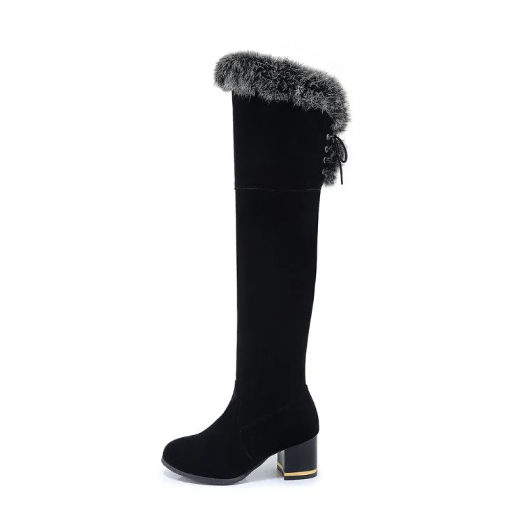 Women's Flock Round Toe Fur Back Tied Straps Block Chunky Heel Over-The-Knee Boots