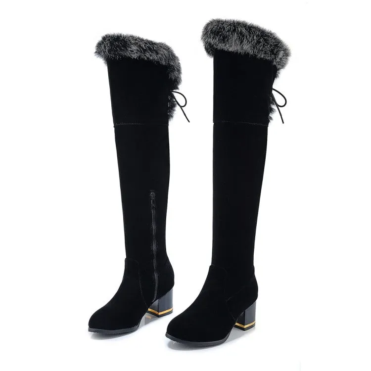 Women's Flock Round Toe Fur Back Tied Straps Block Chunky Heel Over-The-Knee Boots