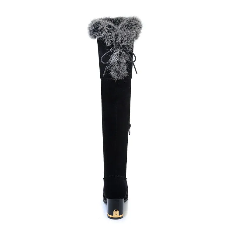 Women's Flock Round Toe Fur Back Tied Straps Block Chunky Heel Over-The-Knee Boots