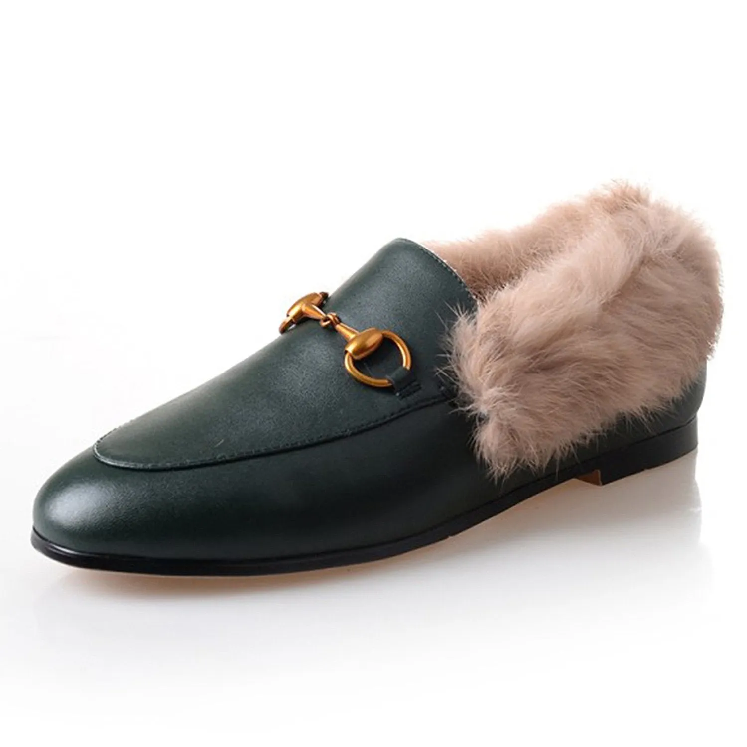 Womens Horsebit Chain Fur Slip-on Penny Loafers