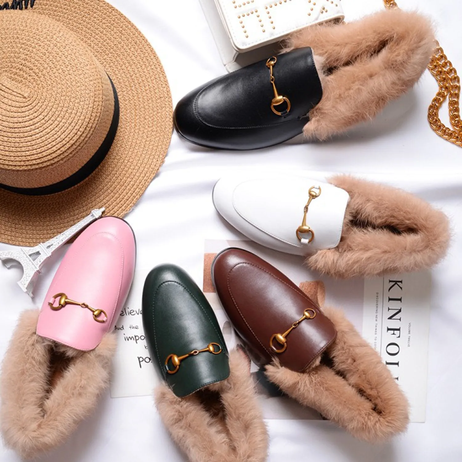 Womens Horsebit Chain Fur Slip-on Penny Loafers