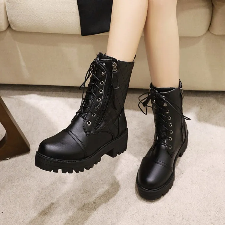 Women's Lace Up Side Zippers Block Heel Platform Short Boots