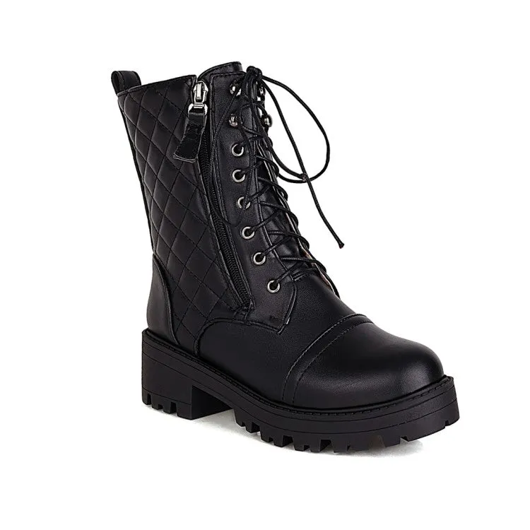 Women's Lace Up Side Zippers Block Heel Platform Short Boots